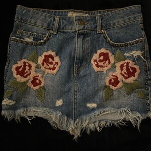 Embroidered Denim Shorts with Floral Design